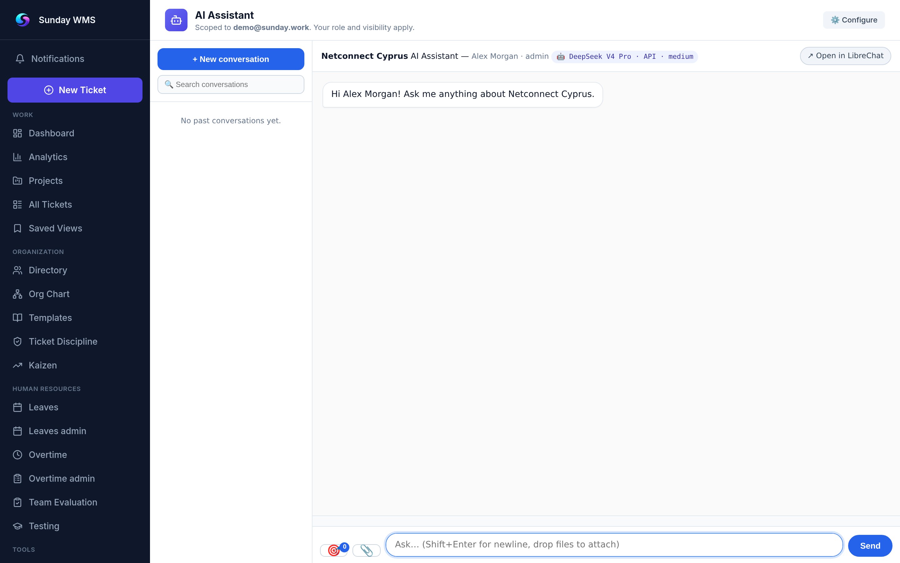 Sunday AI Assistant — internal brain for active tickets, team stats, and org queries