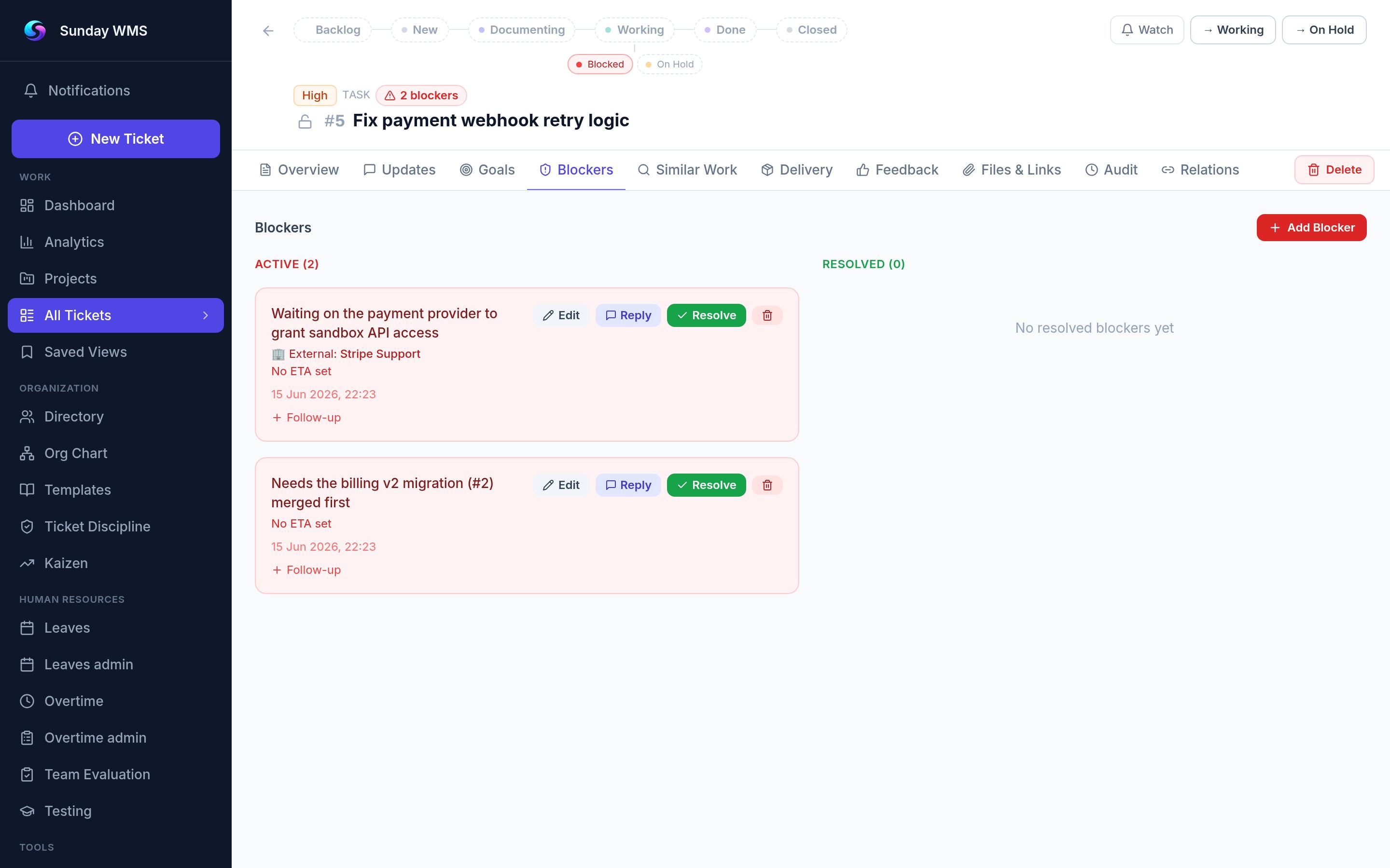 Sunday blockers filter — Currently blocked, External/Internal blocker types, blocking user filter