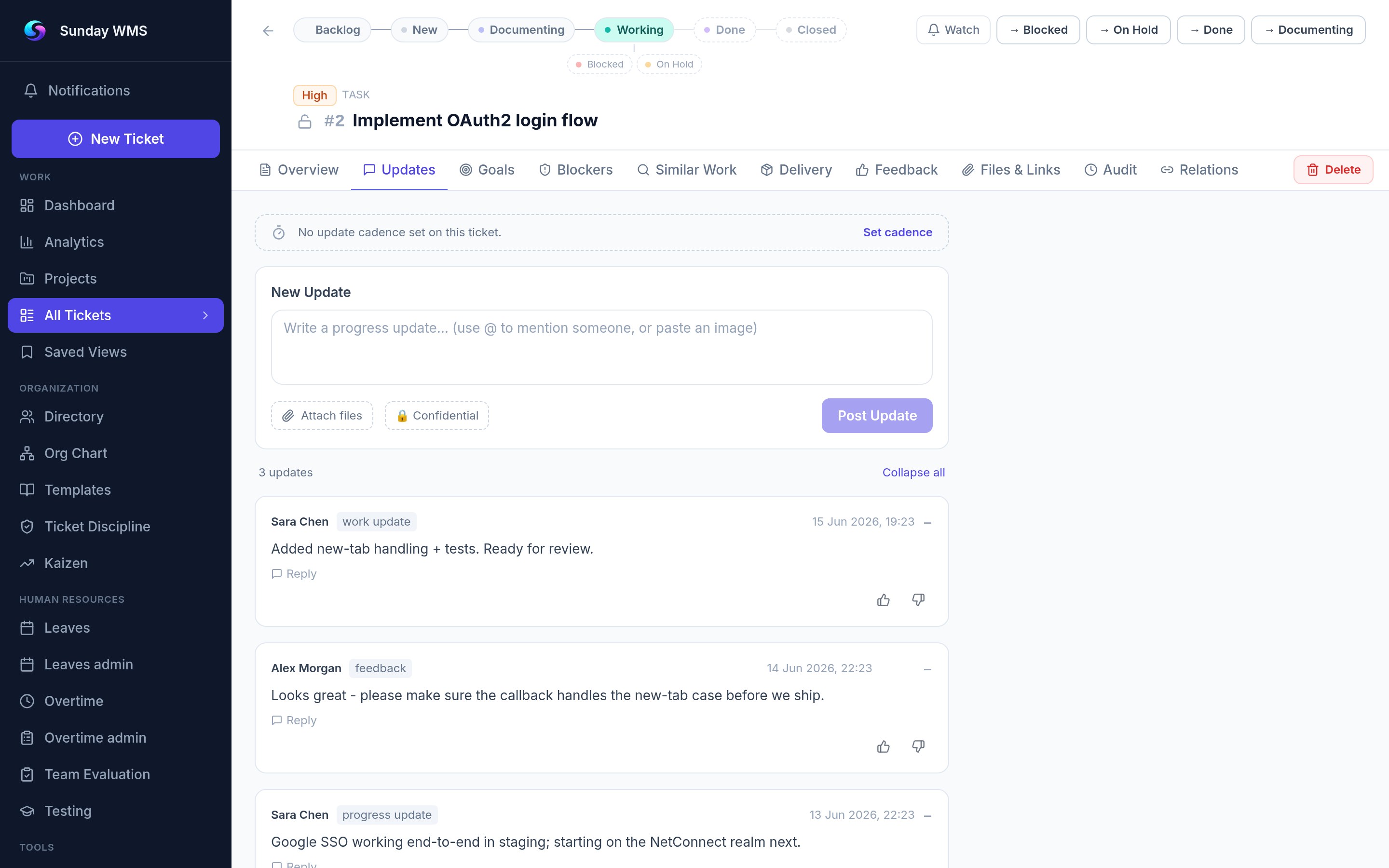 Sunday feedback loop filters — Feedback, Awaiting feedback, Overdue, Reopened from closed