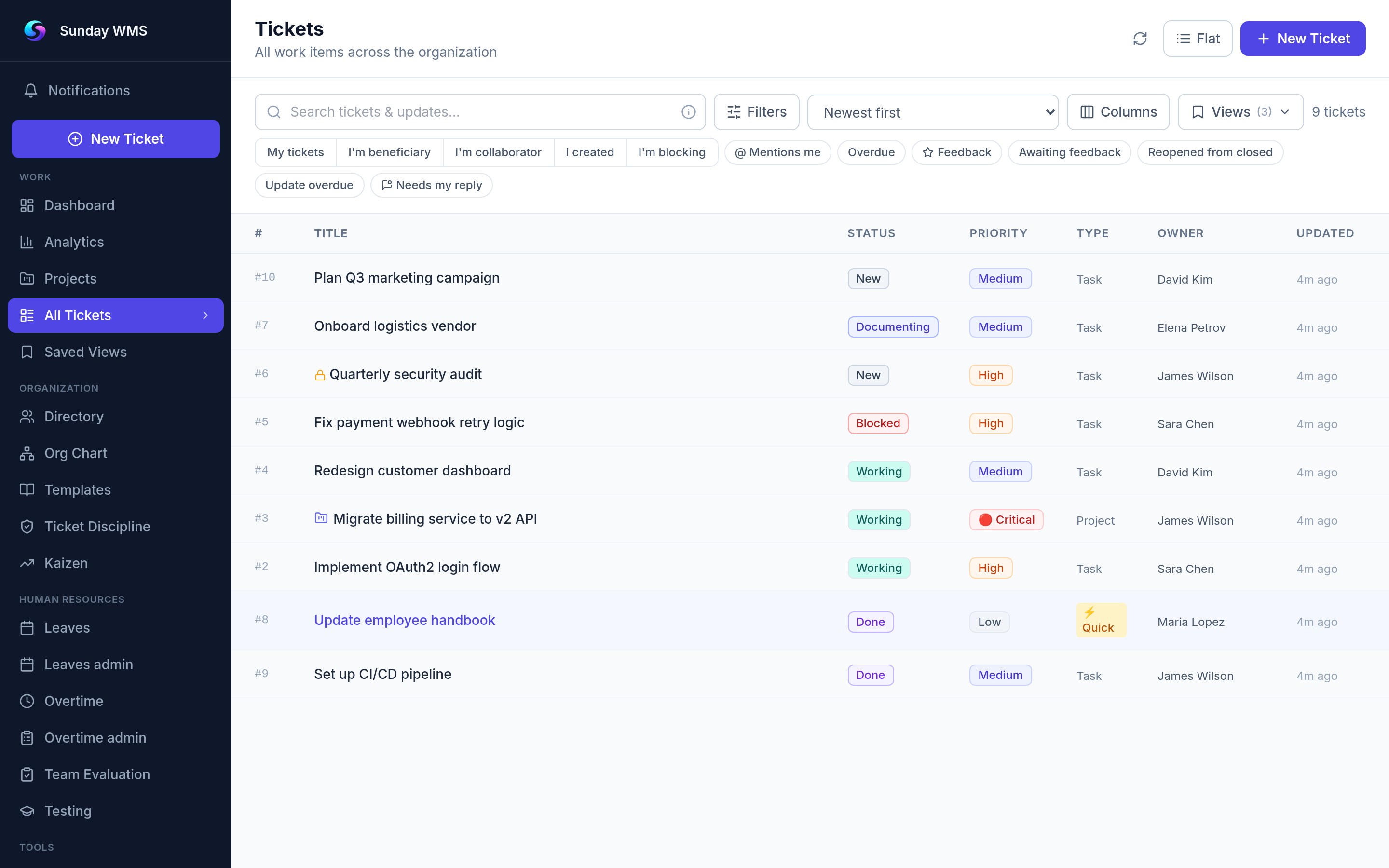 Sunday ticket management dashboard — all tickets view with filters and columns