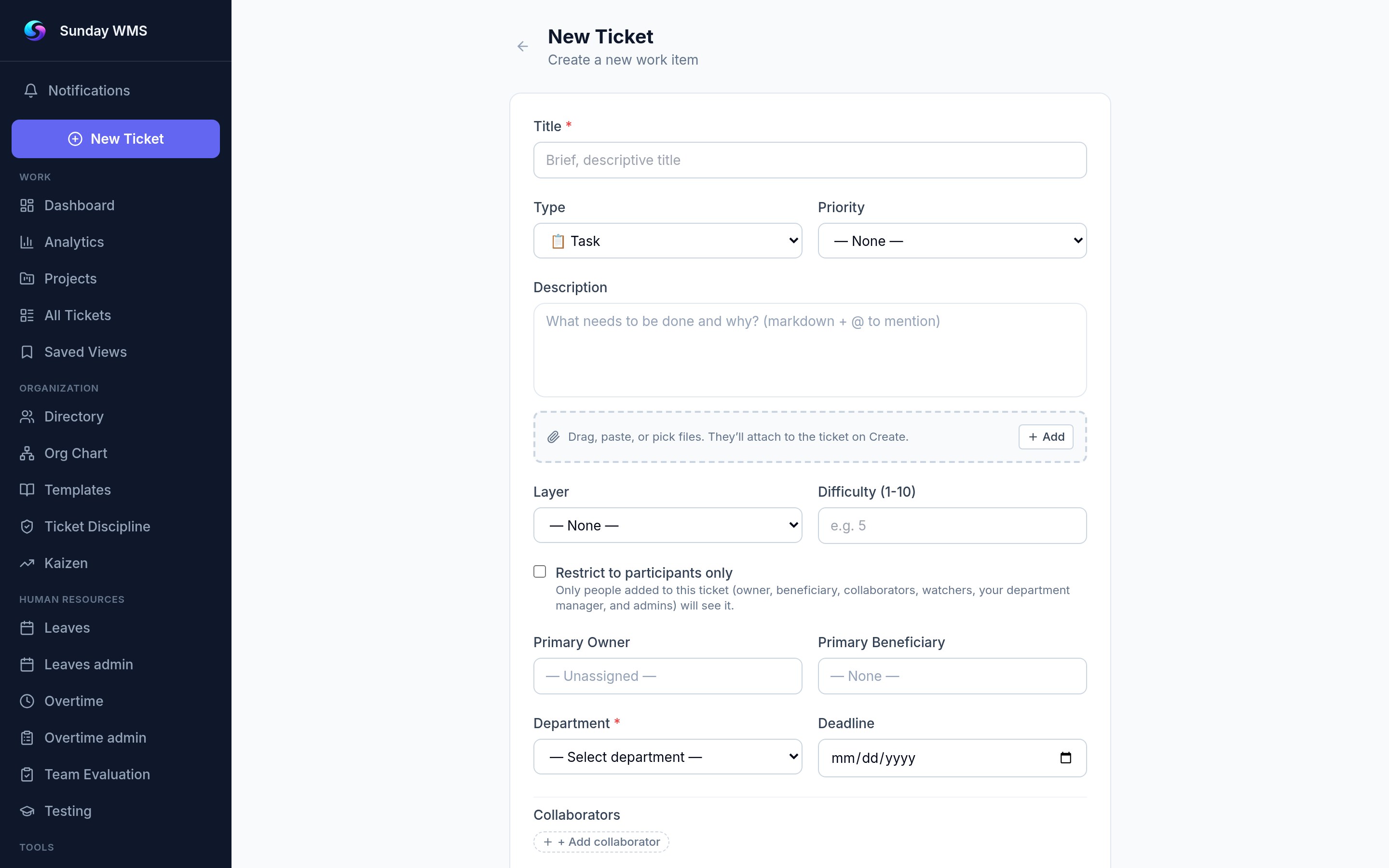 Sunday ticket creation form — owner, beneficiary, deadline, priority, type fields
