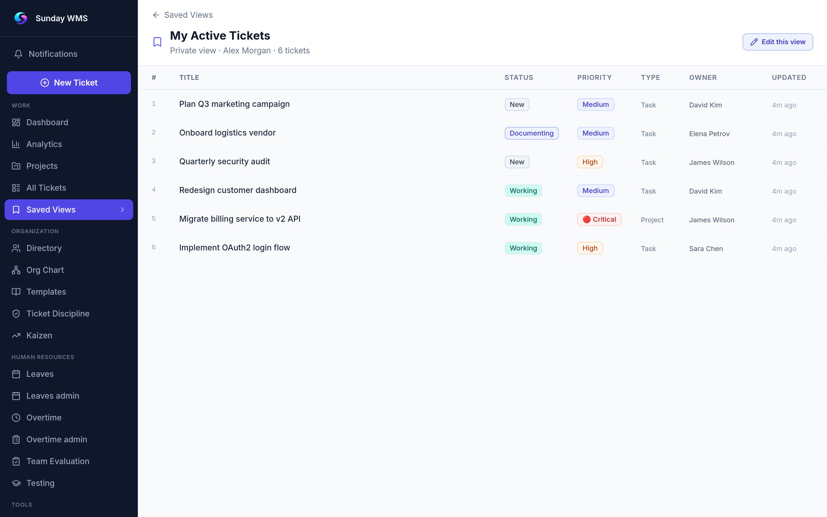 Sunday saved view — My Active Tickets filter showing owner, status, priority, deadline columns